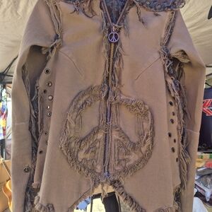 Brown Distressed Jacket with Peace Sign